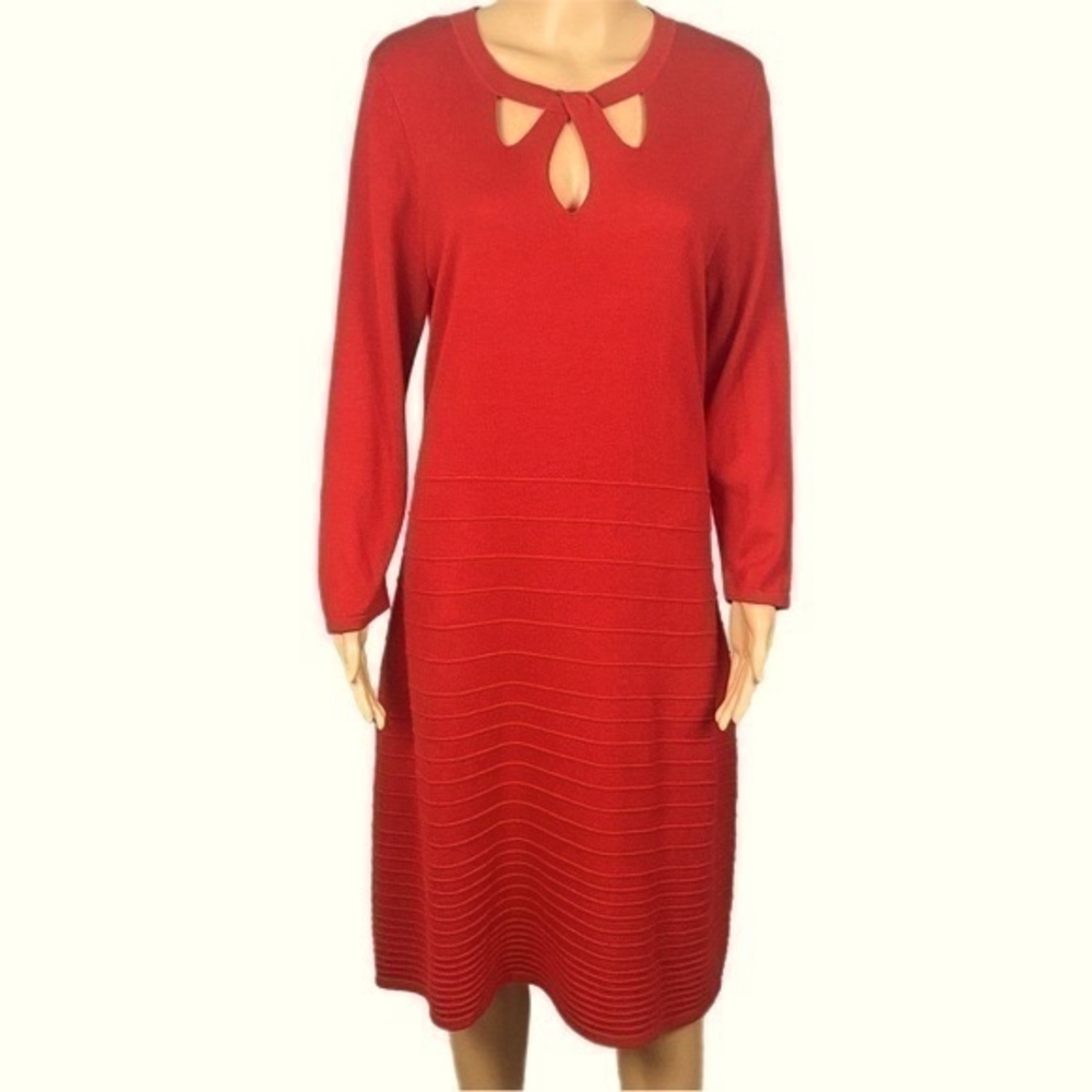 NINE WEST red knit sweater dress with cut-outs at the neckline. Large. EUC
